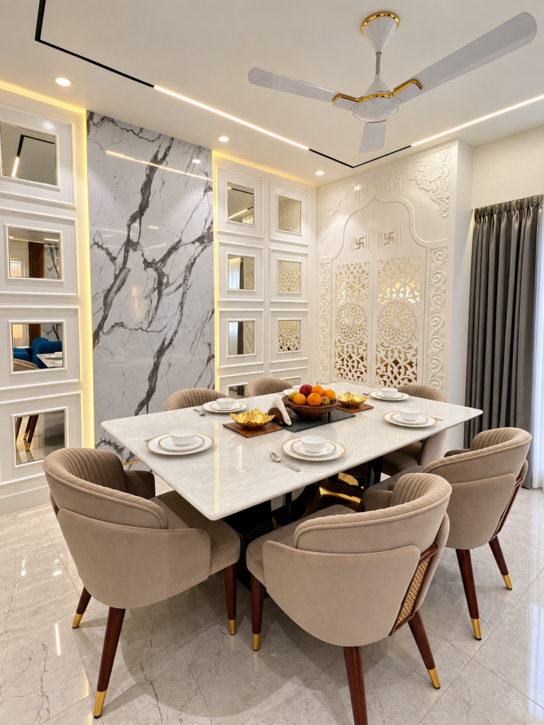 Dining room with marble table feature wall, Gomti Nagar, Lucknow