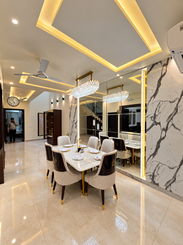 Dining room with mirrored wall marble table, Hind Nagar, Kanpur Road, Lucknow
