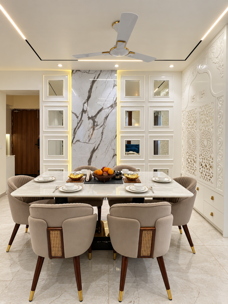 Dining room with six seater marble table, Gomti Nagar, Lucknow