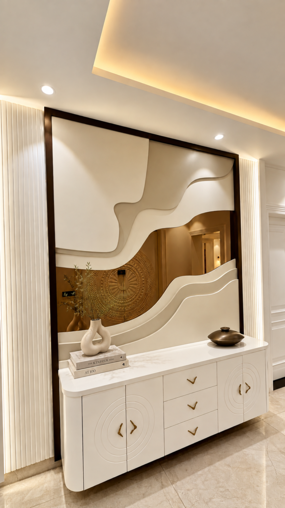 Entryway with console sculptural mirror, Sarojini Nagar, Lucknow