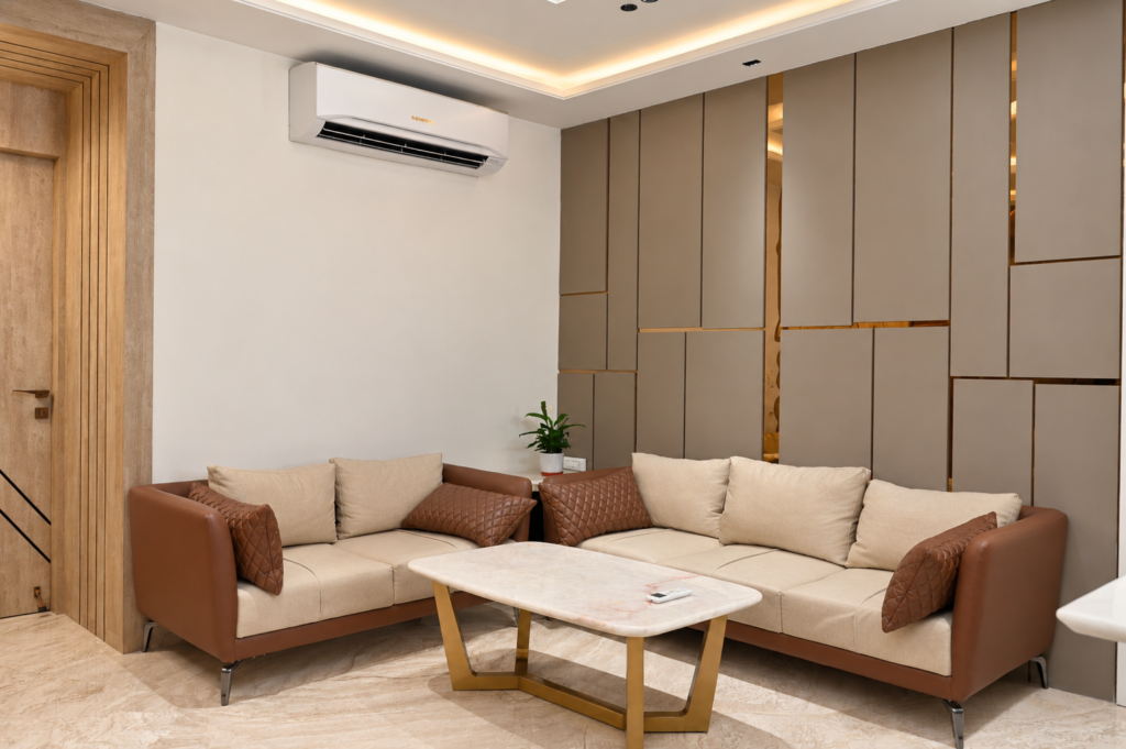 Family lounge with taupe wall panels, near CCS International Airport, Lucknow