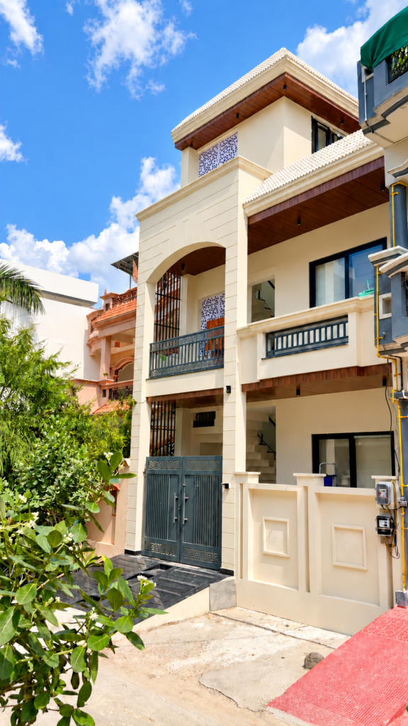 Home exterior with cream facade balconies, Ashiyana Colony, Lucknow