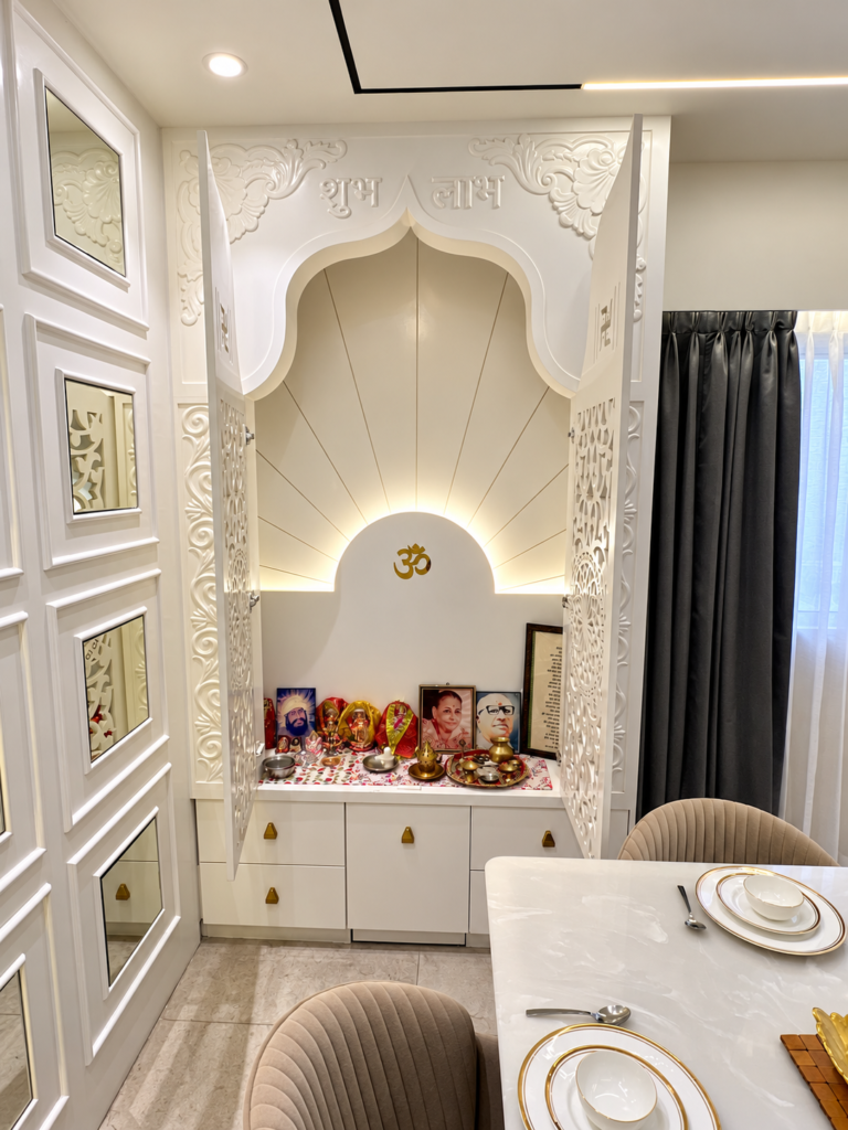 Home mandir with arched backlit niche, Gomti Nagar, Lucknow