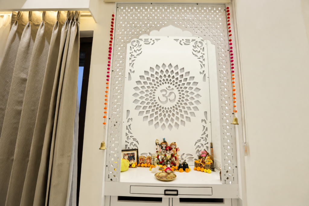 Home mandir with backlit carved panel, Vrindavan Yojna, Lucknow