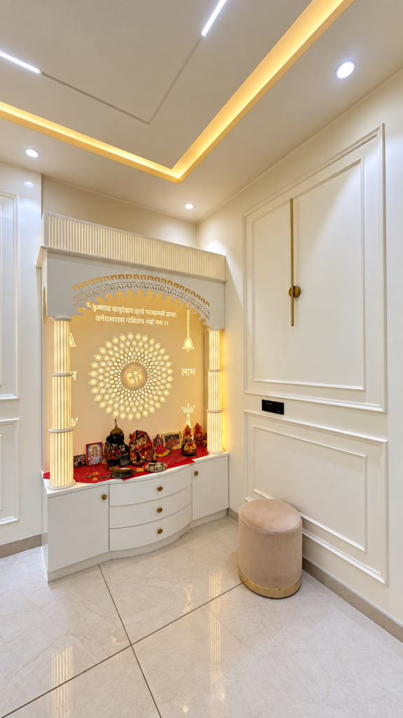 Home mandir with backlit carved panel, Sarojini Nagar, Lucknow