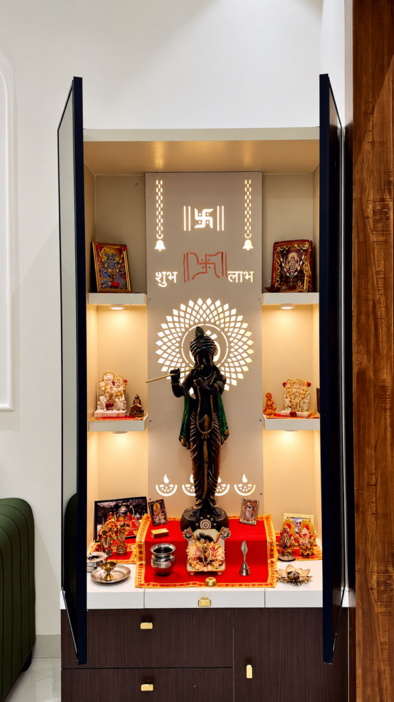 Home mandir with backlit display, Ashiyana Colony, Lucknow