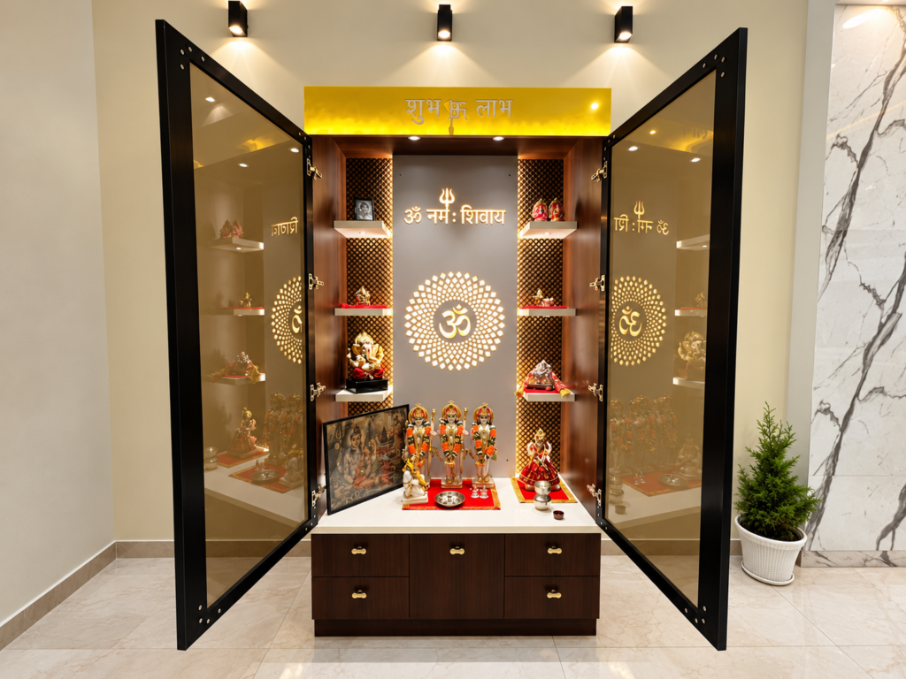 Home mandir with glass doors om panel, Hind Nagar, Kanpur Road, Lucknow