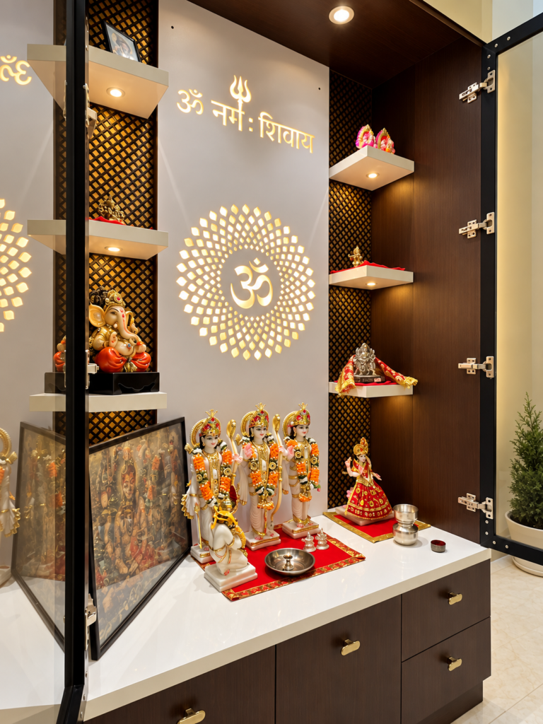 Home mandir with om panel display shelves, Hind Nagar, Kanpur Road, Lucknow