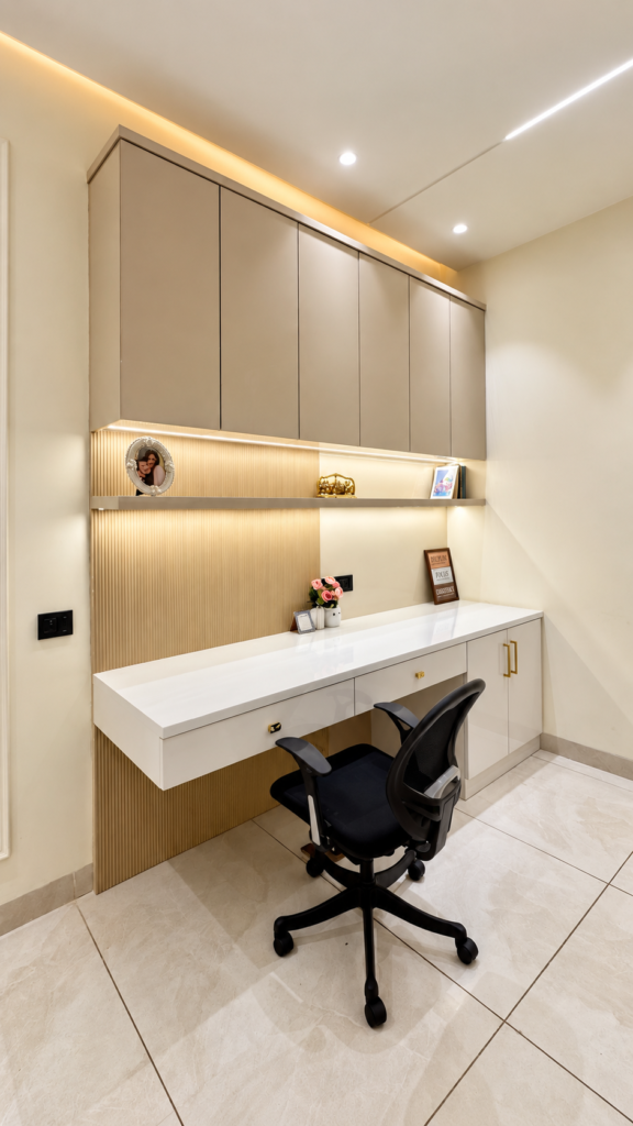 Home office with floating desk overhead cabinets, Sarojini Nagar, Lucknow