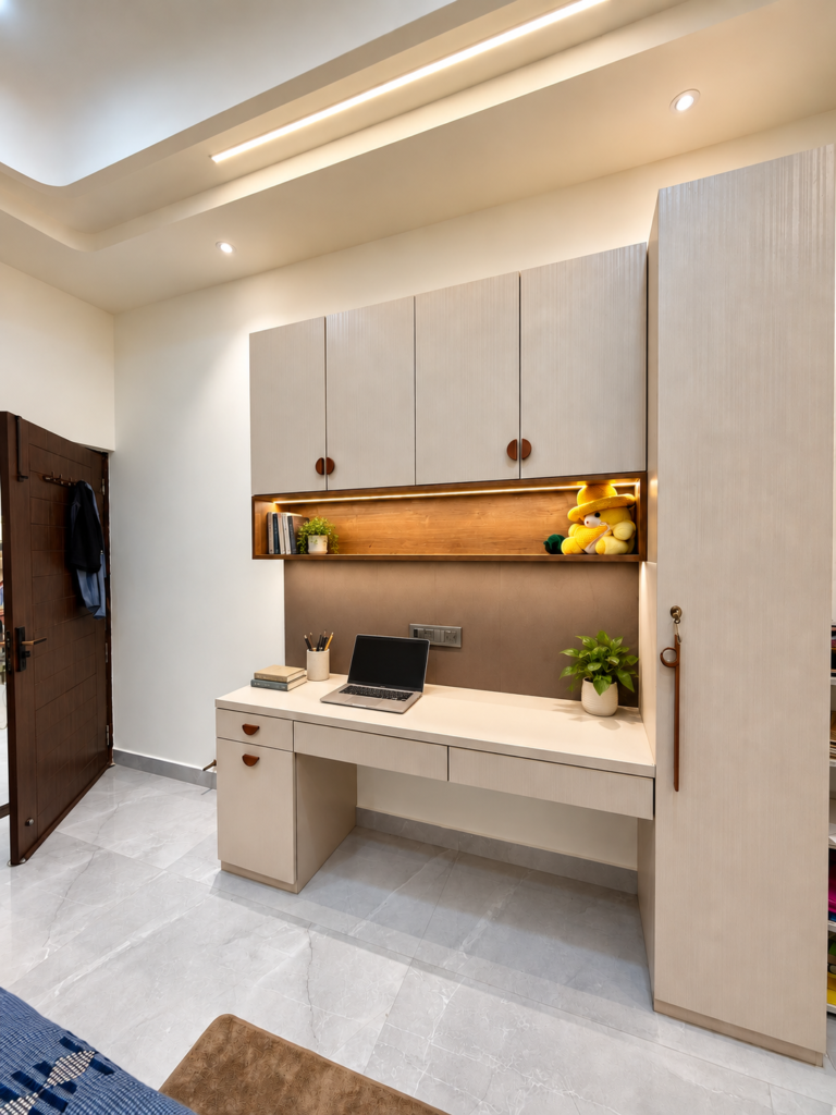 Home office with white study desk and overhead cabinets, Vijay Nagar, Lucknow
