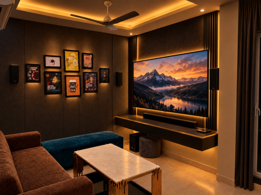 Home theater room with large screen gallery wall, Hind Nagar, Kanpur Road, Lucknow