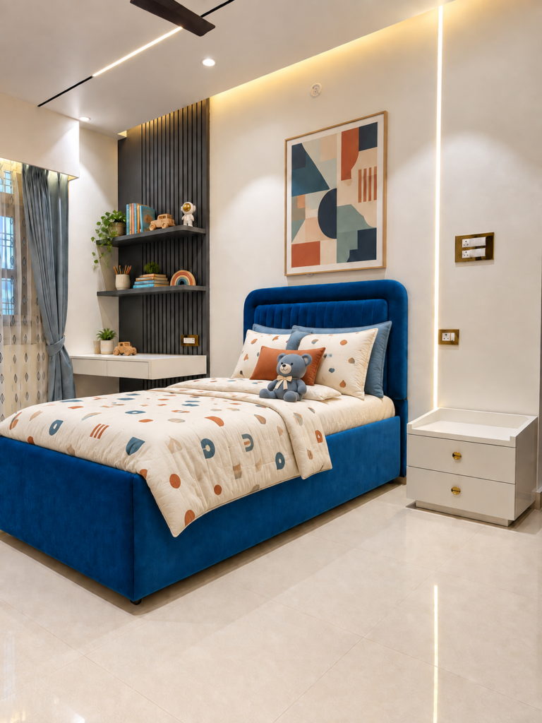 Kids bedroom with blue upholstered bed bookshelves, Raebareli, Lucknow
