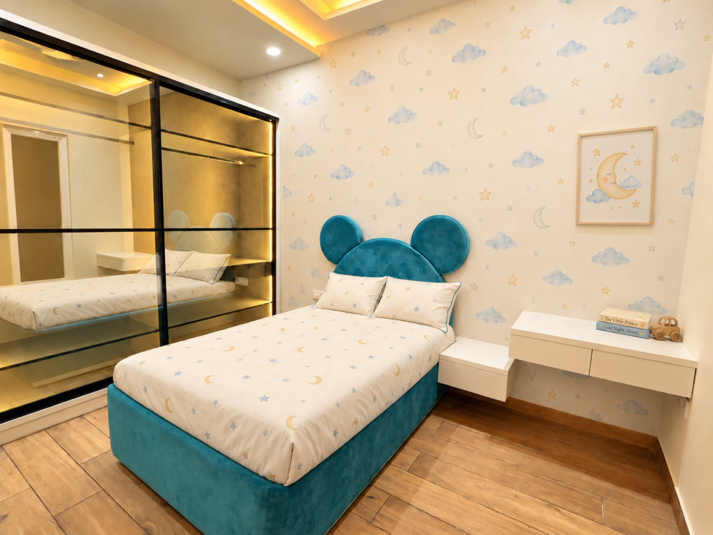 Kids bedroom with teal upholstered bed, Hind Nagar, Kanpur Road, Lucknow