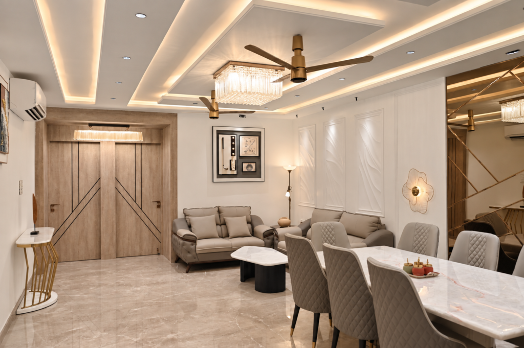 Living dining room with wooden entry, near CCS International Airport, Lucknow