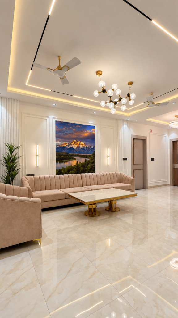 Living room with beige sofas coffered ceiling, Telibagh, Lucknow