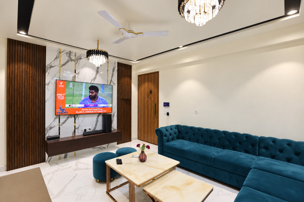 Living room with blue sofa TV wall, Vrindavan Yojna, Lucknow