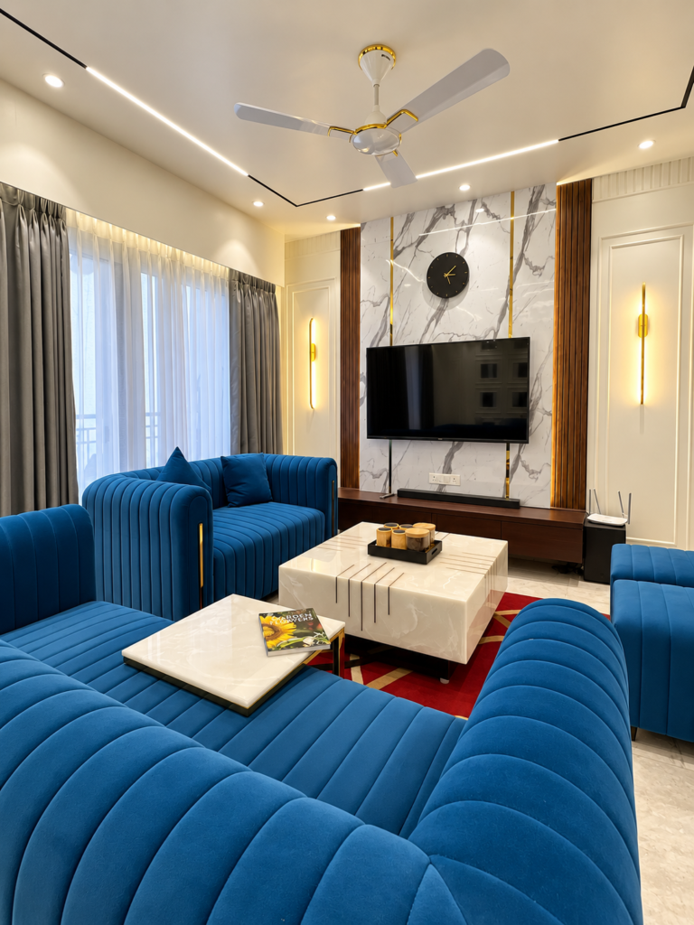 Living room with blue sofa TV wall, Gomti Nagar, Lucknow