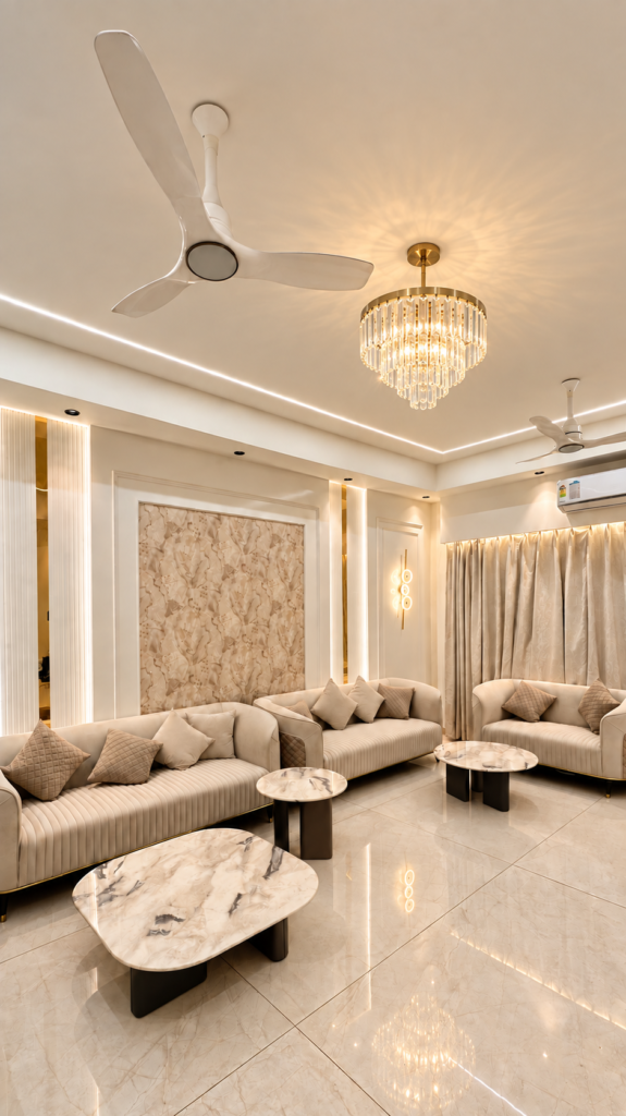 Living room with chandelier feature wall, Sarojini Nagar, Lucknow