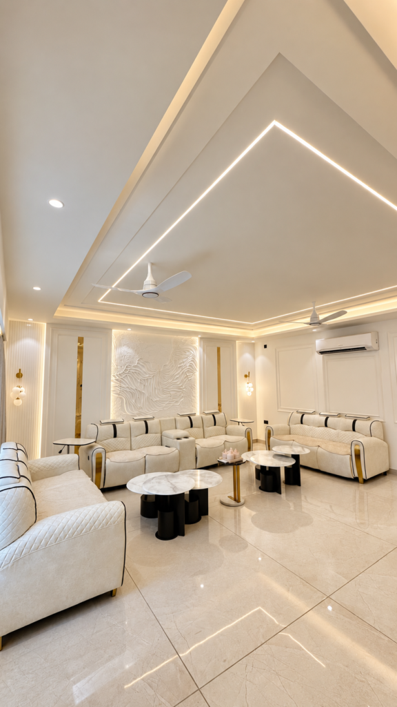 Living room with cream sectional recessed ceiling, Sarojini Nagar, Lucknow