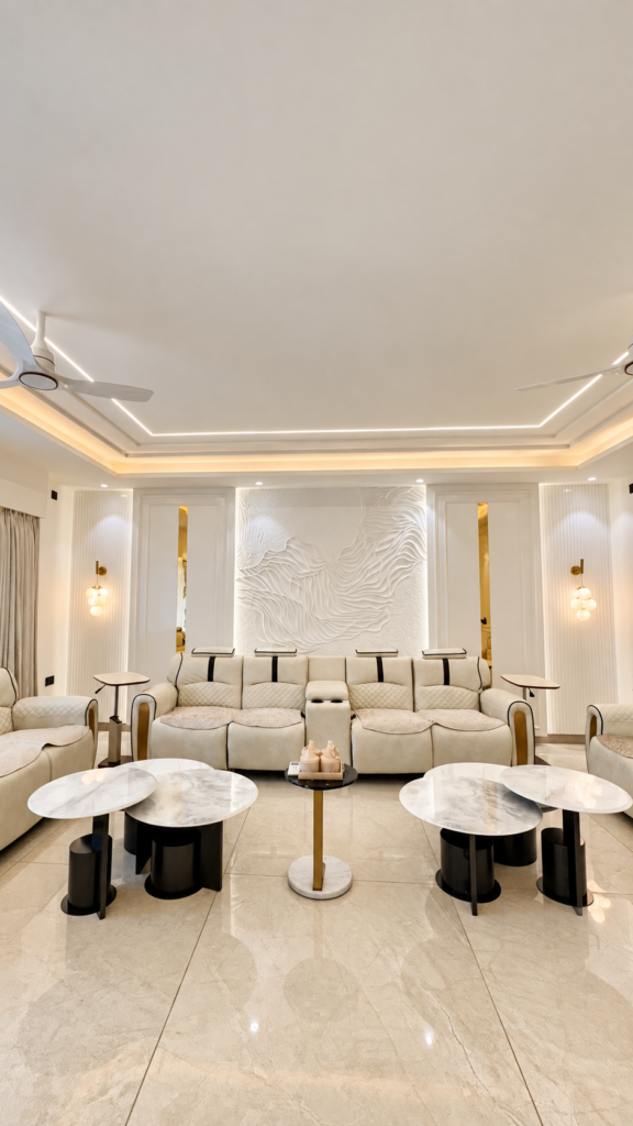 Living room with cream sofas round tables, Sarojini Nagar, Lucknow