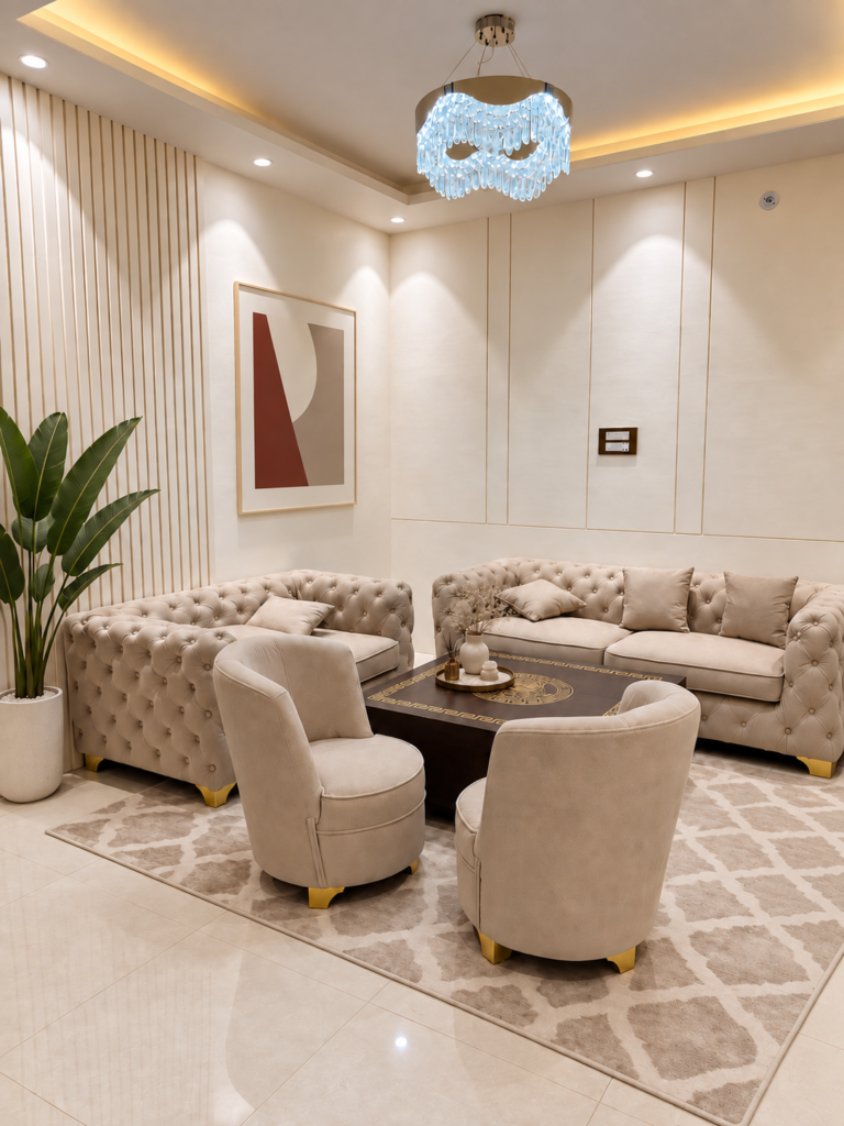 Living room with cream sofas sculptural chandelier, Raebareli, Lucknow