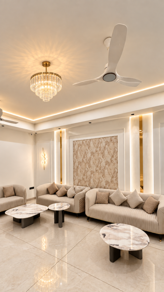 Living room with crystal chandelier cream sofas, Sarojini Nagar, Lucknow