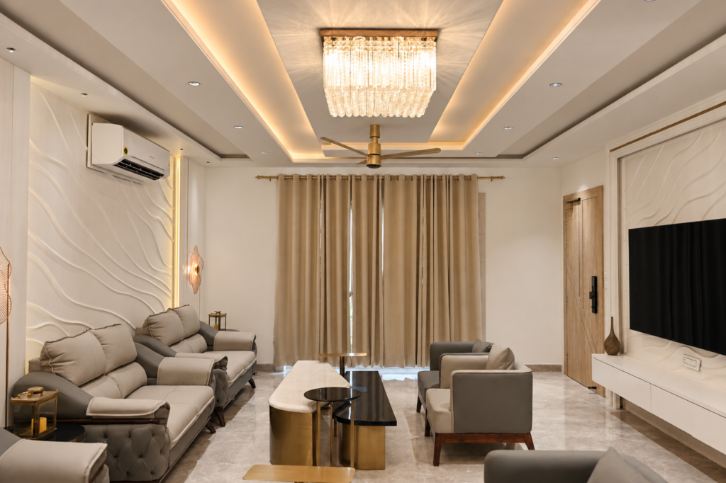 Living room with curtains ceiling lights, near CCS International Airport, Lucknow
