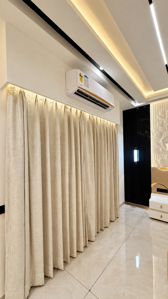 Living room with curtains cove lighting, Sarojini Nagar, Lucknow