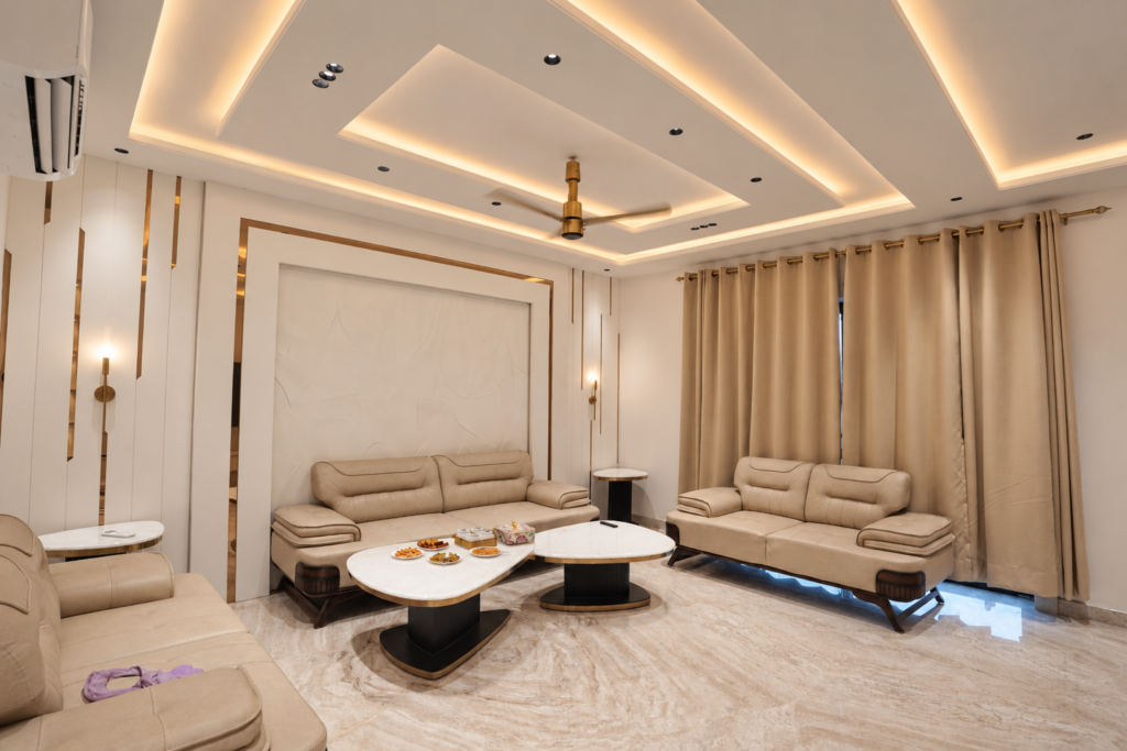 Living room with curtains marble floor, near CCS International Airport, Lucknow