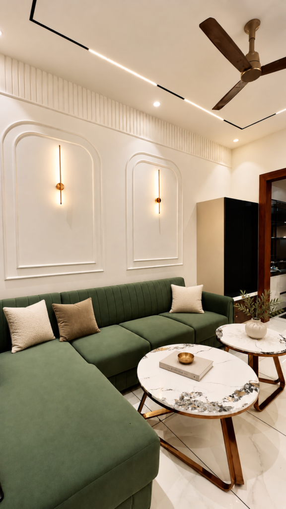Living room with green sectional wall panels, Ashiyana Colony, Lucknow