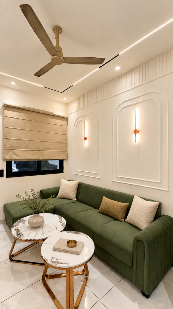 Living room with green sofa nesting tables, Ashiyana Colony, Lucknow