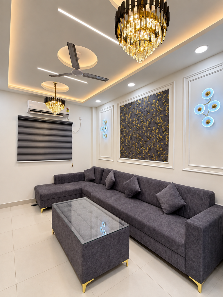 Living room with grey sectional ceiling lighting, Bijnor, Lucknow