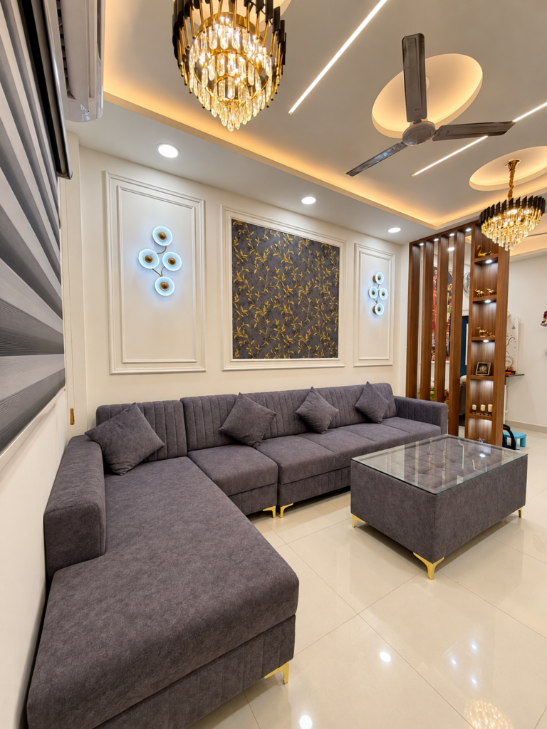 Living room with grey sectional feature wall, Bijnor, Lucknow
