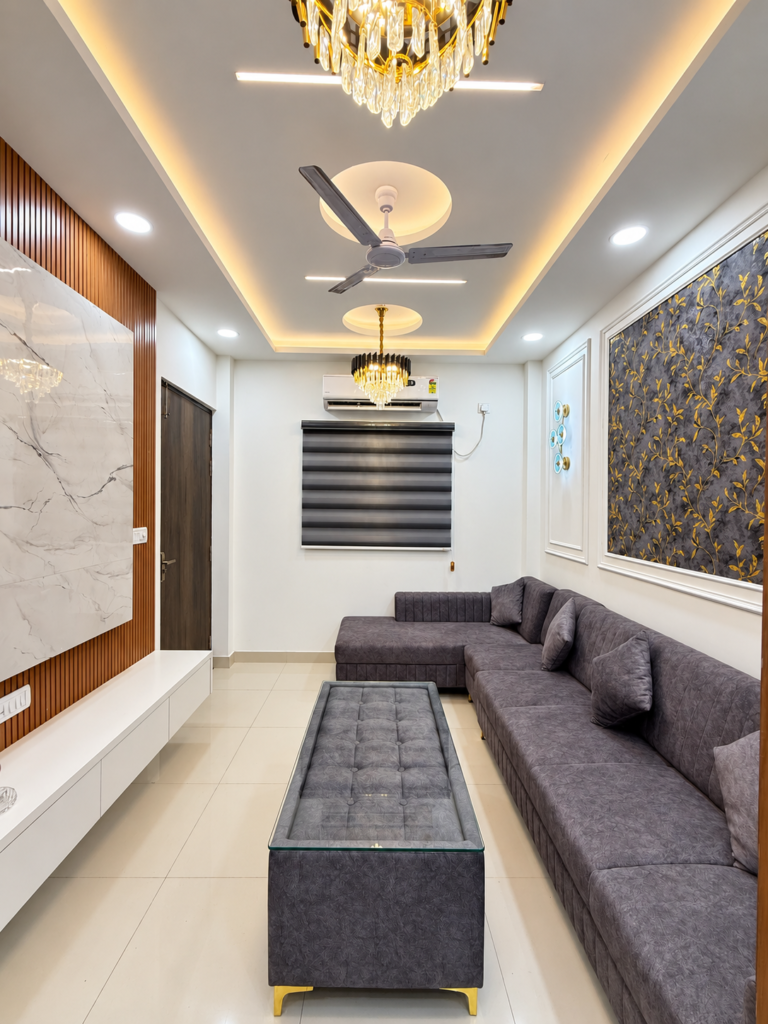 Living room with grey sofa TV wall view, Bijnor, Lucknow
