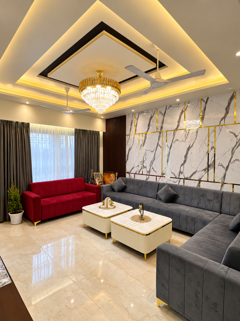 Living room with red accent sofa chandelier, Hind Nagar, Kanpur Road, Lucknow