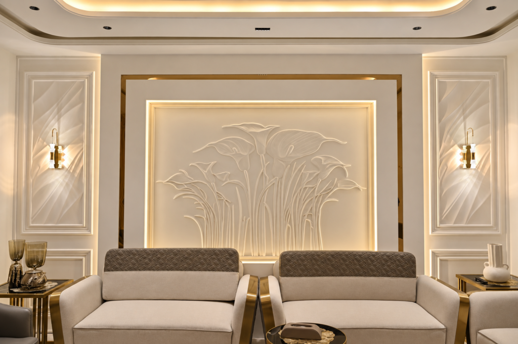Living room with sculpted wall closeup, near CCS International Airport, Lucknow