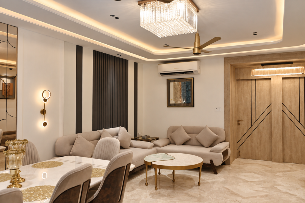 Living room with seating wooden door, near CCS International Airport, Lucknow
