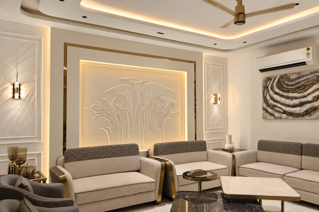 Living room with sofas sculpted wall, near CCS International Airport, Lucknow