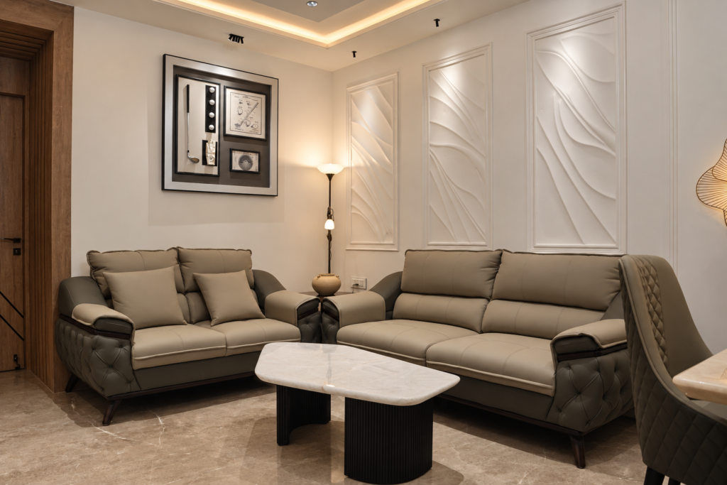 Living room with textured wall detail, near CCS International Airport, Lucknow