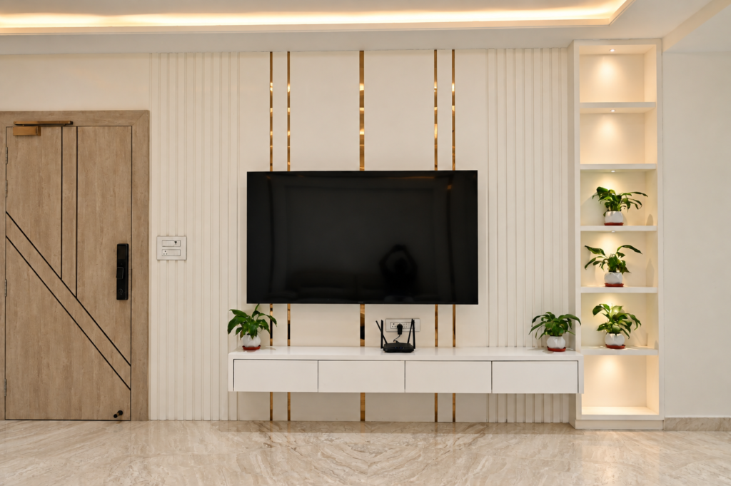 Living room with TV console shelves, near CCS International Airport, Lucknow