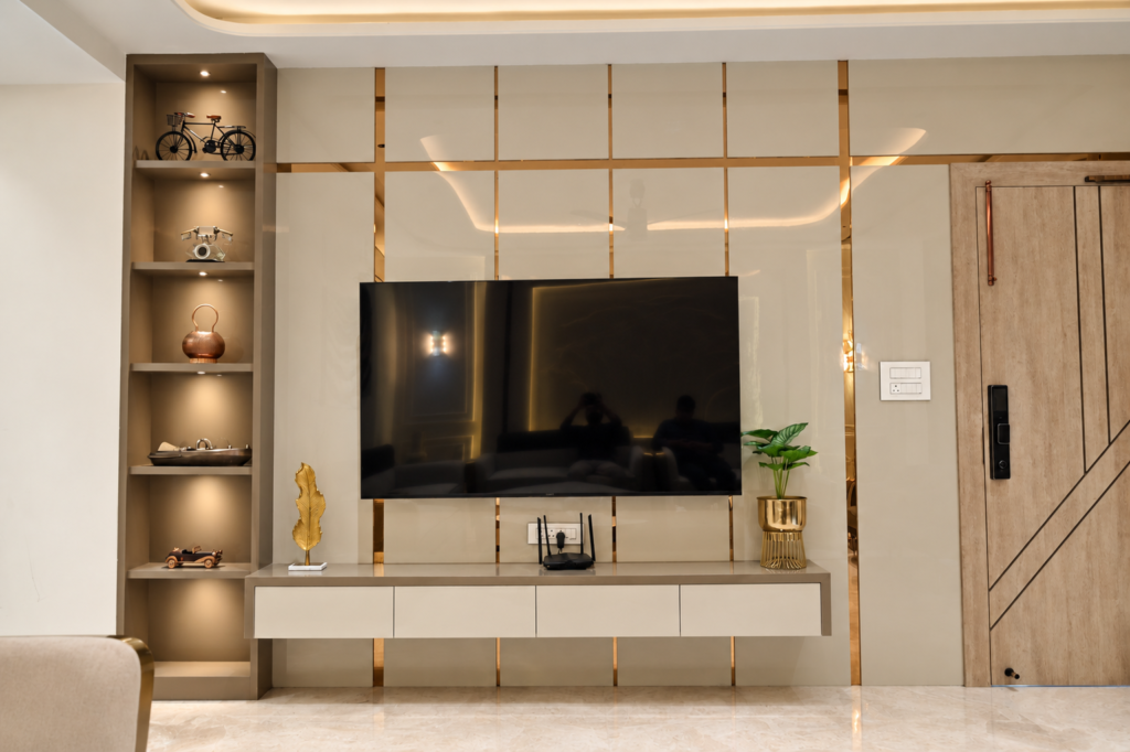 Living room with TV unit display shelves, near CCS International Airport, Lucknow