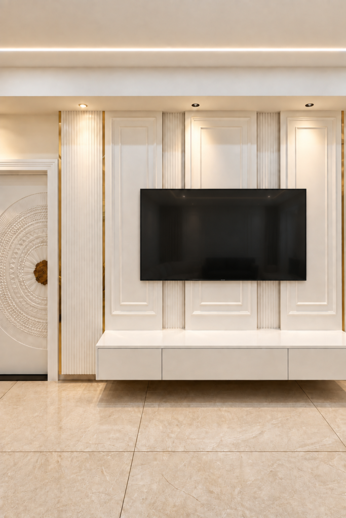 Living room with TV wall cream panels, Sarojini Nagar, Lucknow