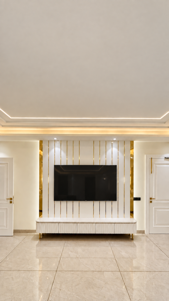 Living room with TV wall fluted panels, Sarojini Nagar, Lucknow