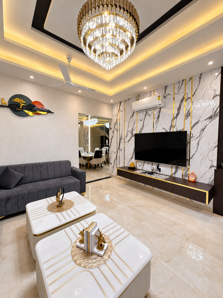 Living room with TV wall marble look panels, Hind Nagar, Kanpur Road, Lucknow