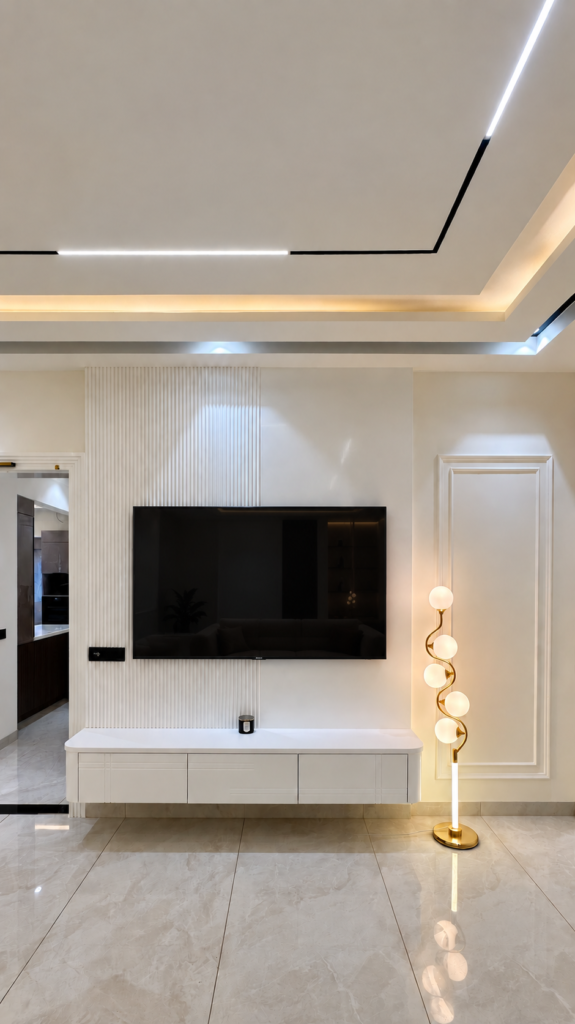 Living room with TV wall white panels, Sarojini Nagar, Lucknow