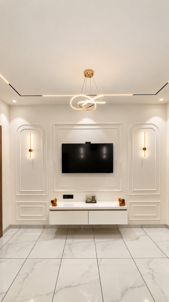 Living room with white TV feature wall, Ashiyana Colony, Lucknow