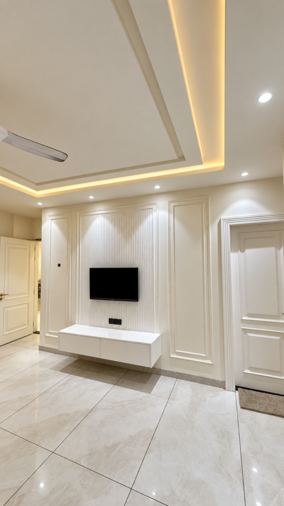 Living room with white TV wall cove lighting, Sarojini Nagar, Lucknow