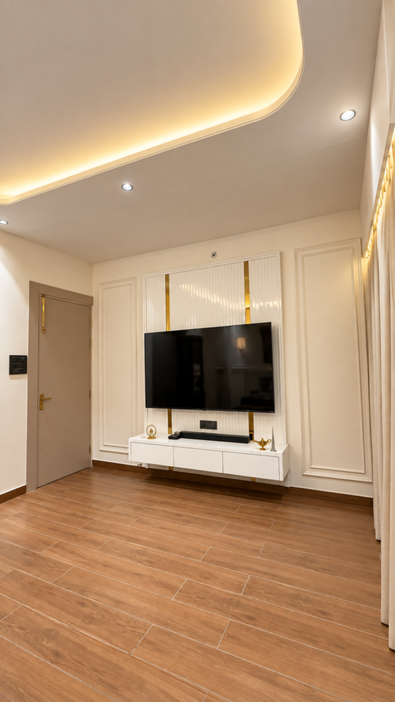 Living room with white TV wall wood floor, Telibagh, Lucknow