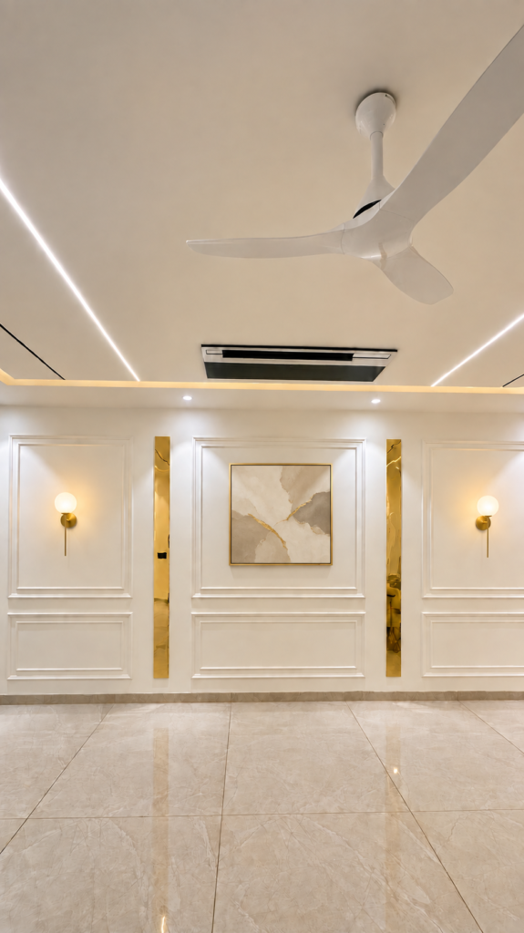 Living room with white wall moulding, Sarojini Nagar, Lucknow