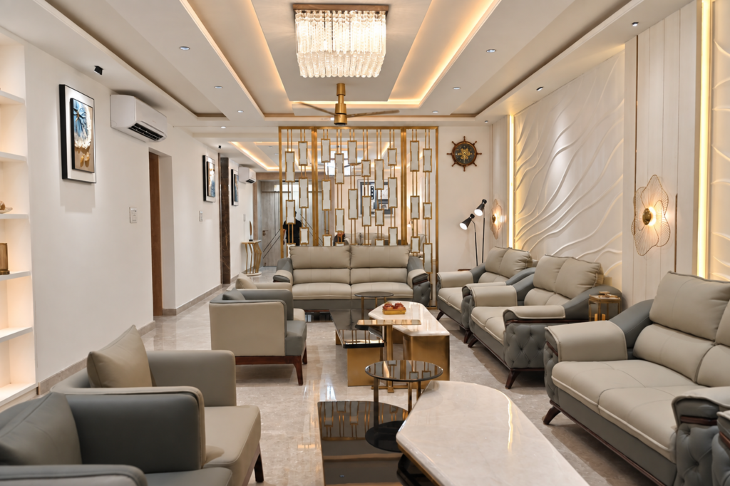 Living room with wide view chandelier, near CCS International Airport, Lucknow